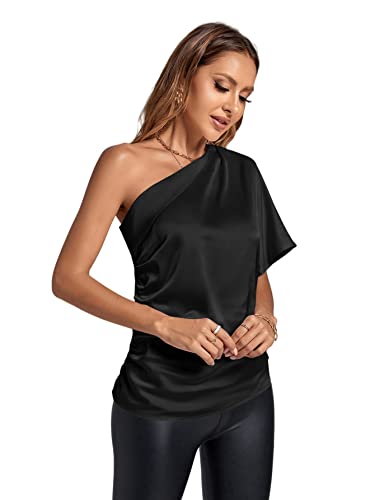 Lyaner Women's Summer Satin One Shoulder Ruched Batwing Short Sleeve Blouse Shirt Solid Black Small #TOP2