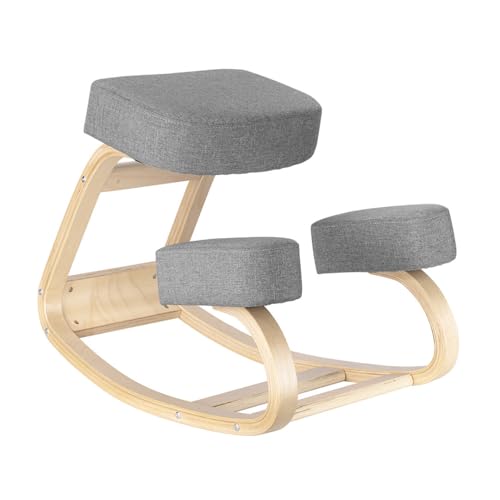 Image of Desky Ergonomic Grey Kneeling Chair - Adjustable Wooden Frame with Cushioned Seat and Knee Pads, Natural Finish, Home Office & Study Support