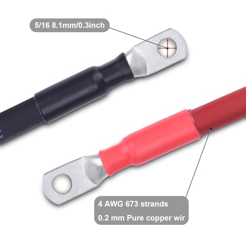 Image of 4 AWG Flexible Battery Cable with 5 /16 inch Terminals - OFC Pure Copper Inverter & Welding Wire for Automotive Solar RV Motorcycle (Red + Black 1FT Pair)