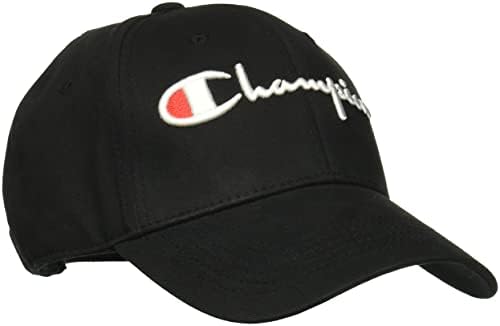 Champion, Classic Twill Hat, Cotton, Baseball Cap for Men with Leather Back Strap, Black Vintage Script, One Size