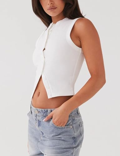 Image of Bozanly Womens Button Down Ribbed Tank Top Summer Sexy Sleeveless Slim Fit Y2k Crop Going Out Tops(0947-White-S)