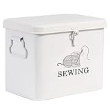Xbopetda Metal Sewing Box, 2-Tier Sewing Organizer with Removable Tray, Portable Sewing Basket with Lock Lid & Handles, Sewing Supplies Organizer for Scissors, Thread, Pins, Needles & Clips (White)