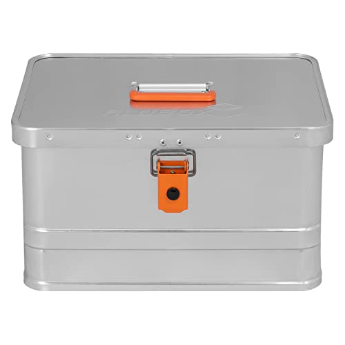 Alubox Werkzeugkiste EASY 29 Liter silber glänzend - orangne Schnallen - Griff oben - Außenmaße L 43,5 x B 35,5 x H 25 cm