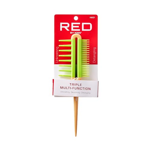 Red by Kiss Detangling Brush for Adults & Kids Long & Wide Tooth Mixed-Length Detangler Comb with Rat Tail for All Hair Types