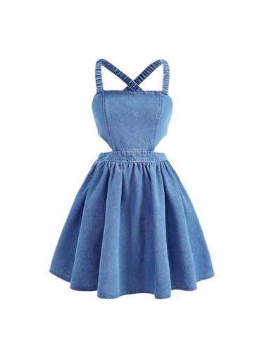 WDIRARA Girl's Bow Denim Dress Criss Cross Backless A Line Swing Short Cami Dress