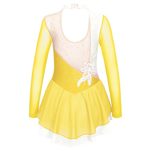 Loyan Kids Girls Rhinestone Flower Mesh Long Sleeve Figure Ice Roller Skating Dress Dance Competition Costume Yellow 10 Years #TOP1