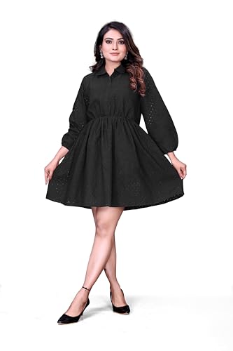 Image of Women's Cotton Self Design Chicken Work Midi Dress for Women | One Piece Dress for Women