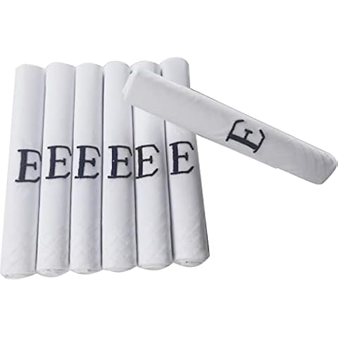 7 Pack Of Mens/Gentlemens White Satin Bordered Handkerchiefs With & Blue Embroidered Initials, E Cover