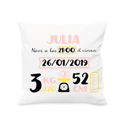 NANNUK | Cojín Personalizado para Recién Nacido | con Nombre, Hora, Fecha, Peso y Medida | Almohada Bebe Bebe Personalizado (Rosa Y Beige)