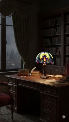 Image of Stained Glass Table Lamp, Blue Green with Antique Bronze Base, Decorative Bedside & Living Room Lamp (Free Bulb) (Design - 5) Free Bulb- 3 Color Options- Warm White, Cool White and Natural