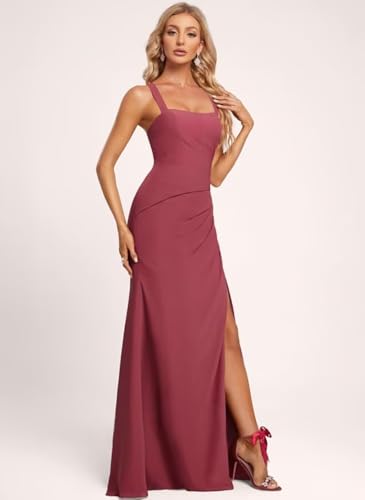 Women's Chiffon Bridesmaid Dresses with Slit Square Neck Long Formal Evening Dress with Pleat TM1333