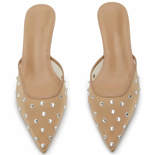 GORZADEUL Women Kitten Heel Mesh Rhinestone Mules Embellished Tulle Mules for Women Slip On Clear Pointed Toe Dress Shoes2