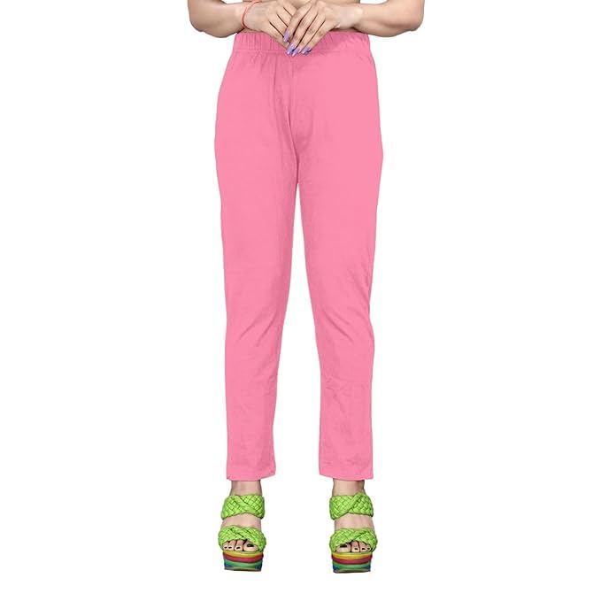 Image of Women's Solid Cotton Lycra Pants-High Waist Slim Fit Stretchable Leggings - Comfortable Long Trousers for Casual, Office & Everyday Wear