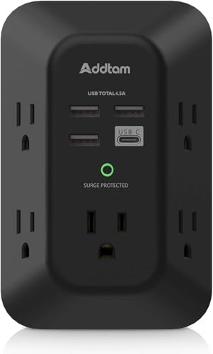 USB Chargeur mural, bande de puissance avec 5 Extendeur de sortie 4 USB Ports de recharge (1 USB C, 4.5A Total général) 3-Sided 1800J Surge Protector Power Bar Multi Plug Outlets Adaptateur mural Espace pour le bureau de voyage à domicile