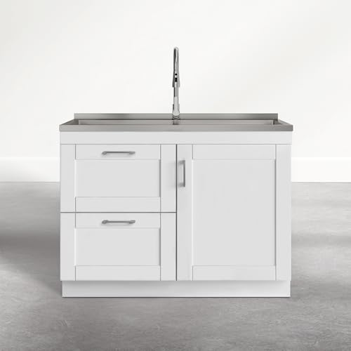 Image of SIMPLIHOME Modern Wide Shaker All-in-One 46 inch Wide Utility Sink and Laundry Cabinet in Glacier White Finish, Transitional Stainless Steel Sink Cabinet for Laundry Rooms with High-Arch Chrome Faucet
