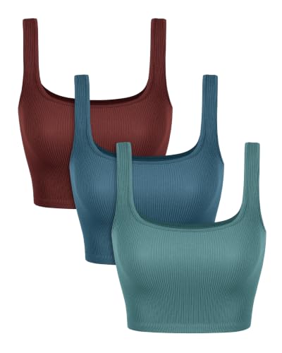 Image of ODODOS 3-Pack Seamless Square Neck Crop Tank for Women Ribbed Knit Soft Low Back Cropped Tops