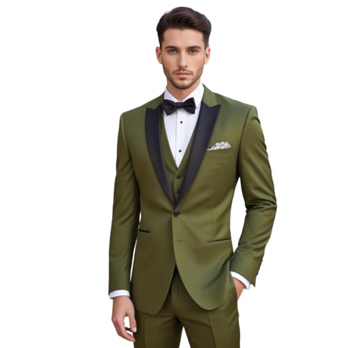 Men's 3 Piece Suit Slim fit Olive Green Tuxedo Suit Jacket Vest Pant Set Wedding Grrom Attire