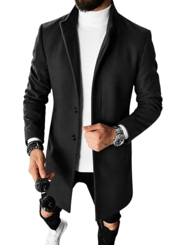 Image of Runcati Mens Pea Coat Single Breasted Stand Collar Slim Fit Trench Coat