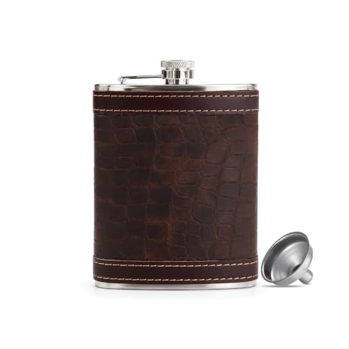 Image of Hip Flask for Men & Women 8oz Stainless Steel (236ml) - Whisky Flask Vodka Alcoholic Liquor Holder with Funnel Drinks Pocket Carrying Case - Leakproof Travel Flasks for Drinks, (Brown Leather)