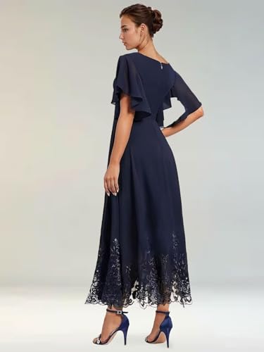 Mother of The Bride Dresses for Wedding Tea Length V Neck Chiffon Lace Formal Evening Dress with Sleeves JH0192