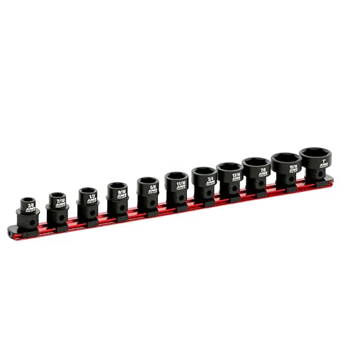 Image of ARES 29021 11-Pc 1 /2in SAE Nano Sockets, Low Profile, w /Rail | Impact grade sockets offer greater clearance than typical shallow sockets