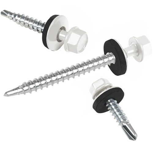 Tornillos para chapas trapezoidales PAROTEC, autorroscantes y autotaladrantes con arandela de sellado EPDM, cabeza hexagonal, 4,8 mm x 70 mm, RAL 9010 Blanco, 200 unidades