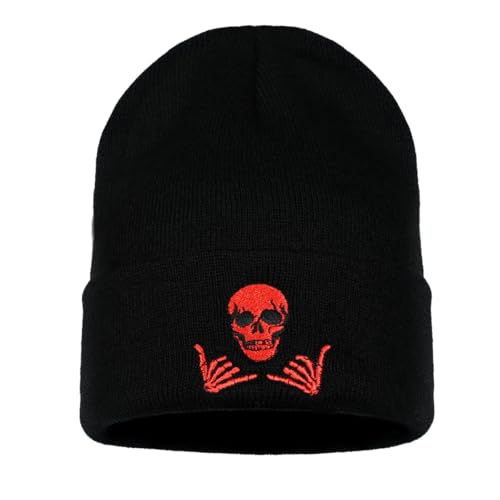 Image of Embroidered Skeleton Beanie Hat Winter Stretch Knit Skull Cap for Men Women