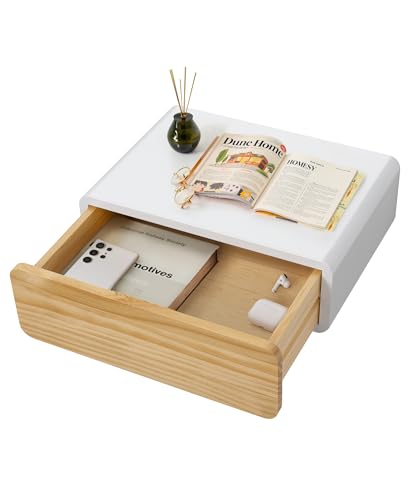 SUMGAR Mesita de Noche Suspendida Blanca de Madera con Cajón, Pequeño Mueble de Noche con Esquinas Redondeadas, Estante Estético para Dormitorio, Sala de Estar, Cocina y Habitación Infantil