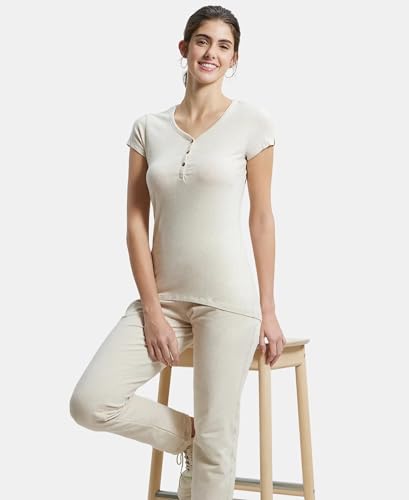 Image of Jockey UL03 Women's Super Combed Cotton Elastane Stretch Slim Fit Solid V Neck Henley Styled Half Sleeve T-Shirt