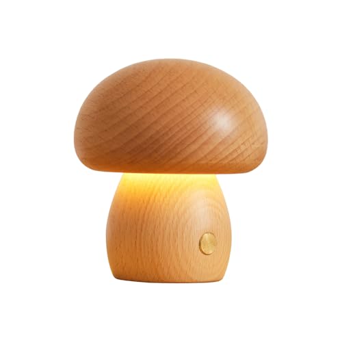 MiOYOOW Lampe Champignon en Bois, Lampes Chevet à Intensité Variable, Veilleuse Table Sans Fil, avec Tête de Champignon Amovible Rotative à 360°, pour...
