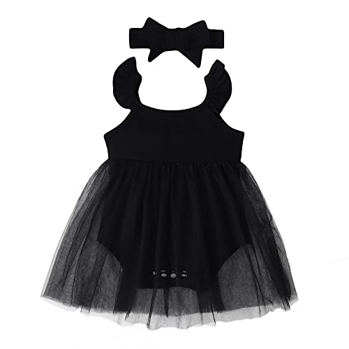 Image of OPAWO Newborn Dress Infant Tulle Dress Baby Girl Photoshoot Outfits Summer Romper Onsies with Strap and Headband 3-6 Months Black