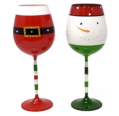 Gift Boutique Christmas Wine Glasses 16.8 Oz Set of 2 Festive Santa Belt and Snowman Drinking Goblets Cups with Stem Xmas Wineglass Gift Red Green and White Colored Painted Winter Glassware