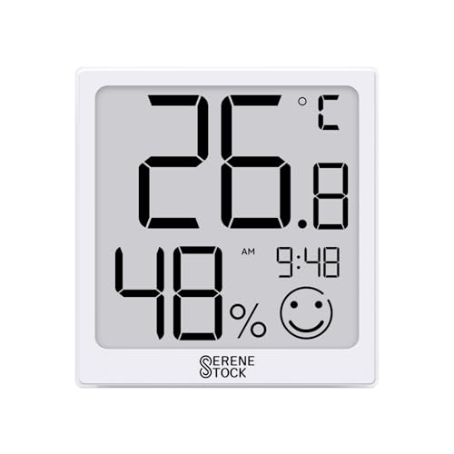 Serenestock Digital Indoor Hygrometer Thermometer Room Thermometer- LCD Screen Temperature and Humidity Gauge C/F Switchable Meter Baby Basement Greenhouse Outdoor & Clock