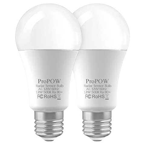 ProPOW Radar Motion Sensor Light Bulbs, A19 12W (100 Watt Equivalent) Daylight E26 Outdoor Auto on/Off Motion Detector Lights for Outside, Porch, Garage, Driveway, Patio,(1100LM, 2-Pack) Cover