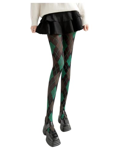 Verdusa Womens Argyle Plaid Mesh Sheer Tights Design High Waisted Preppy Stockings Pantyhose Dark Green One Size