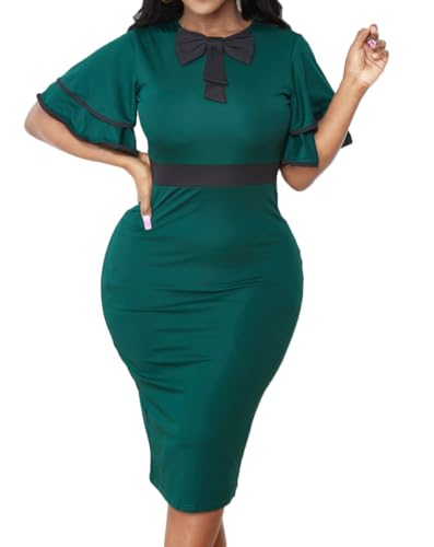 Image of Xinlees Women's Bodycon Pencil Dress Sexy Short Ruffles Sleeve Clubwear Basic Fitted Outfits Casual Midi Dresses