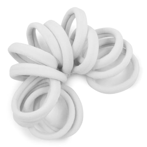 Soft and Stretchy Gentle Hold Seamless 1.5 Inch Elastic Nylon Fabric No-Metal Ponytail Holders - 12 Hair Ties (White)