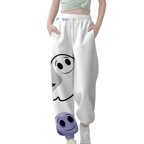 Girls Halloween Ghost Print Sweatpants Drawstring Long Bottom Sporty Active Joggers Baggy Casual Pants