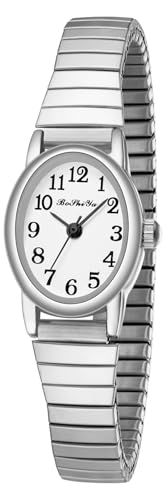 BOSHIYA Silber Uhren für Frauen Easy Read Analog Quarz Frauen Uhr mit Edelstahl Expansion Band Damen Armbanduhren wasserdicht