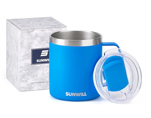 Image of SUNWILL Insulated Coffee Mug with Lid, Travel Tumbler with Handle, 14 oz Stainless Steel Cup for Camping, Office, Home, Powder Coated Royal Blue