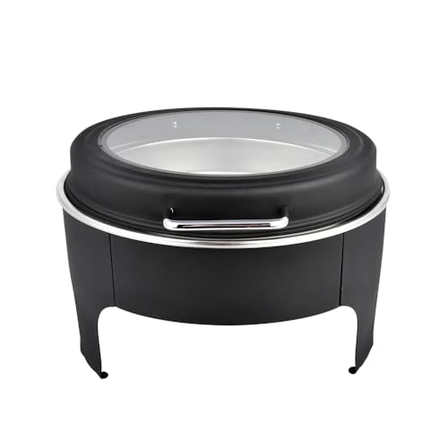 HONHPD 6.8QT Round Chafing Dish Buffet Set,Gold Stainless Steel Buffet Servers and Warmers,Round Chafer Food Warmer with Glass Window Hydraulic Lid & Holder for Wedding Parties Catering (Black)