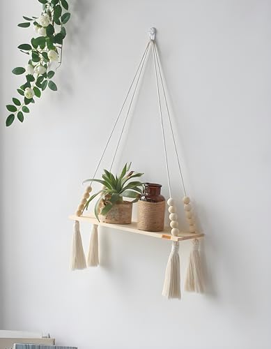 Image of Bohemian Macrame Hanging Wall Art Shelf - Rustic Wood Swing Decor with Beads & Tassels - Includes Adhesive Hook - Floating Plant Holder
