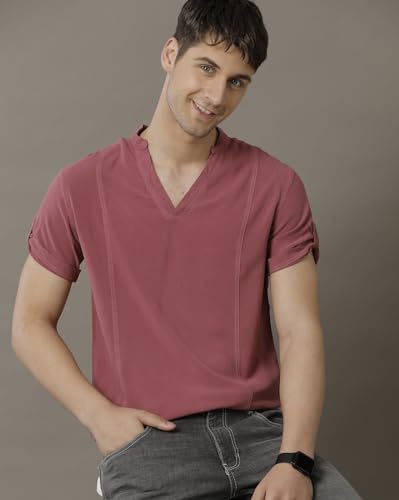 Image of Identiti MenSlim Fit Half Sleeve Solid Smart V Placket Casual Shirts