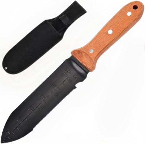 SUJWPBO Hori Hori Garden Knife 7 Stainless Steel Blade Heavy Duty Gardening Tool Full-Tang Wooden Handle with Hanging Hole & Oxford Sheath for Weeding Digging Planting Cutting