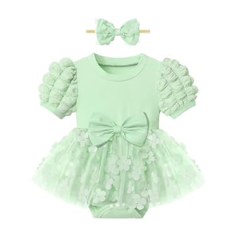 Baby Girl Dress Baby Girl Dresses 3-6 Months Puff Sleeve Tutu Dress Flower Tulle Summer Romper Dress Baby Dress Baby Girls' Dresses Baby Dresses Birthday Outfit Sage Green Cover