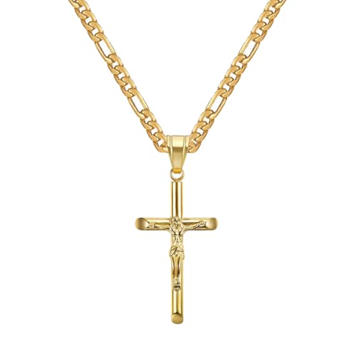 Crucifix Cross Necklace 18k Gold Plated Stainless Steel Cross Pendant Necklace with Jesus 3mm 20