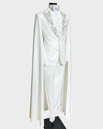 2 Piece Suit for Men White Tuxedo Luxury Handmade Rhinestone Slim Fit Prom Graduation Party Jacket Pants with Cape3