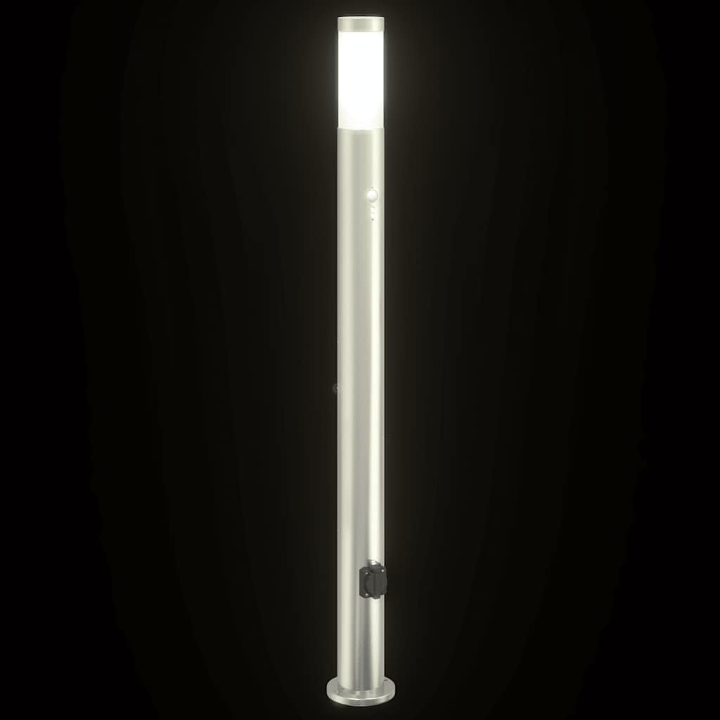 Lampada a colonna con sensore e presa, 110 cm, in acciaio inox, IP44, illuminazione esterna da giardino, con sensore di movimento PIR, resistente alle intemperie, attacco E27, argento, per