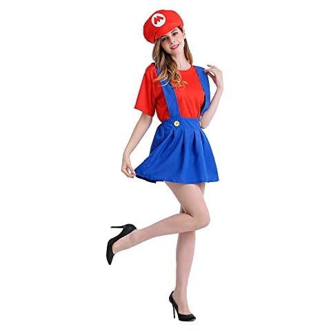 COXNSXX Women/Girls Super Mario and Luigi Costume Plumber Video Game Themed Dressup with Hat and Mustache, S/M/L/XL Cover