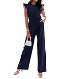BTFBM Women Jumpsuits Crew Neck Ruffle Cap Sleeve Belted High Waist Wide Leg Romper with Pockets One Piece Casual Outfits(Navy, Medium)